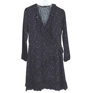 J.McLaughlin Women's 4 Black Floral Wrap Dress Ruffle Hem Vintage-Style